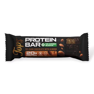 Tops Protein Bars, No Added Sugar, 20g Whey Protein Isolate Per Bar, 7 Flavours, Gluten Free, Vegetarian 60g (One Bar, Almond Dark Chocolate)