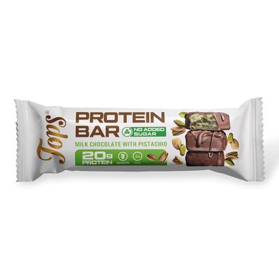 Tops Protein Bars, No Added Sugar, 20g Whey Protein Isolate Per Bar, 7 Flavours, Gluten Free, Vegetarian 60g (One Bar, Pistachio Milk Chocolate)