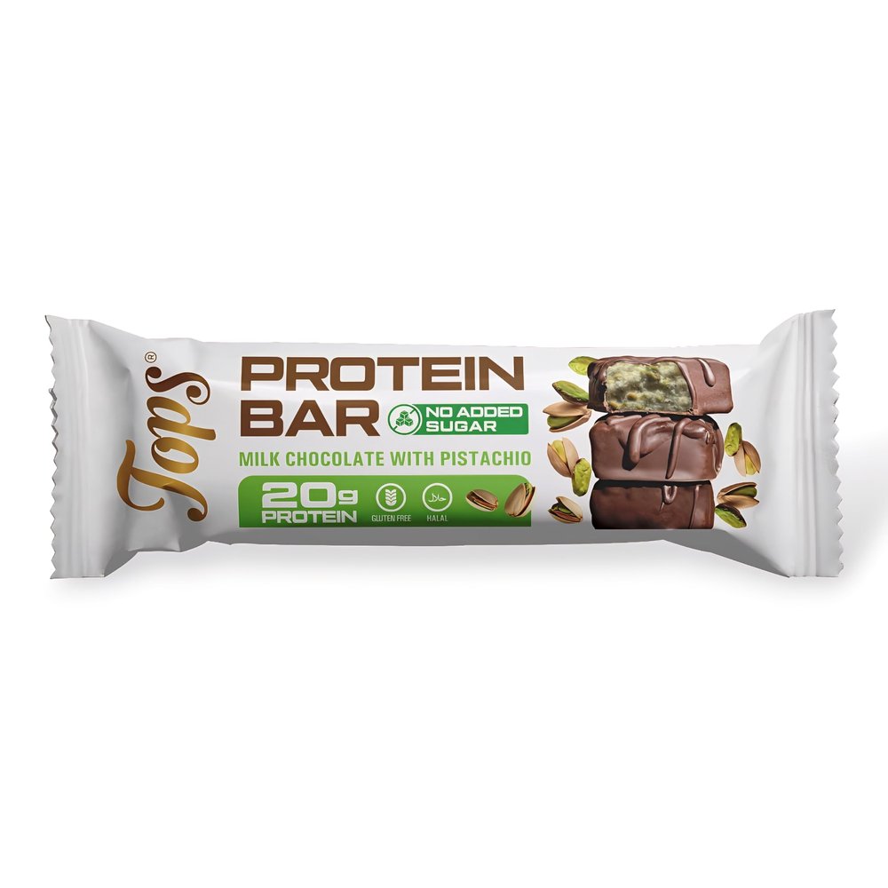 Tops Protein Bars, No Added Sugar, 20g Whey Protein Isolate Per Bar, 7 Flavours, Gluten Free, Vegetarian 60g (One Bar, Pistachio Milk Chocolate)