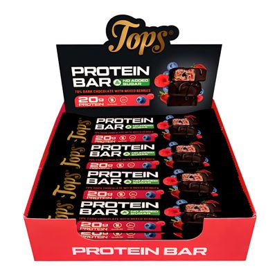 Tops Protein Bars, No Added Sugar, 20g Whey Protein Isolate Per Bar, 7 Flavours, Gluten Free, Vegetarian 60g (Pack of 12 Bars, Mix Berries Dark Chocolate)
