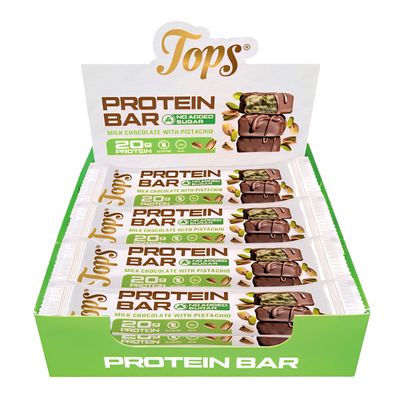 Tops Protein Bars, No Added Sugar, 20g Whey Protein Isolate Per Bar, 7 Flavours, Gluten Free, Vegetarian 60g (Pack of 12 Bars, Pistachio Milk Chocolate)