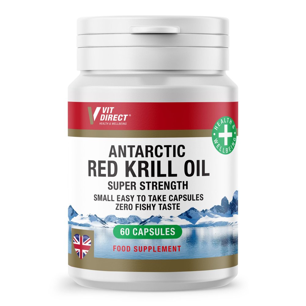 Vit Direct - Antarctic Red Krill Oil - 60 Omega 3 Capsules High Strength - Food Supplement - Small Sized - Easy to Take - Supports Heart Health, Brain Function & Joint Comfort