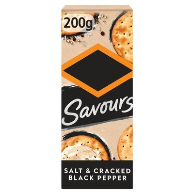 Savours Salt & Cracked Black Pepper Crackers, No Artificial Colours or Flavours, Vegetarian, 200g