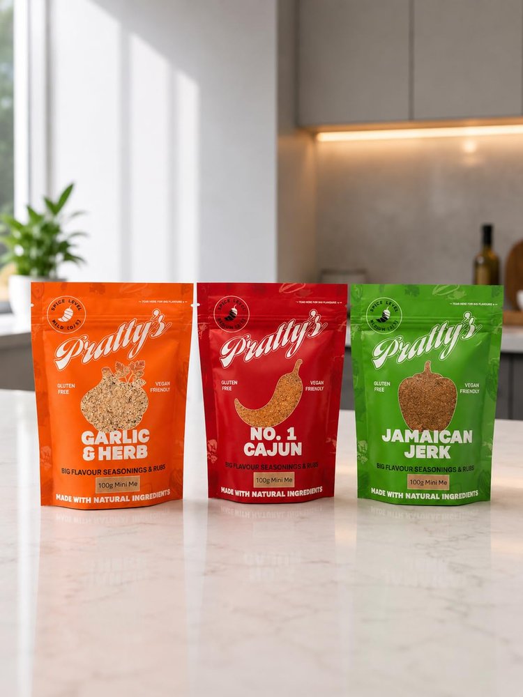 Pratty's Trio Seasoning & Rub Set, Garlic & Herb, No. 1 Cajun, Jamaican Jerk, Gluten Free, Vegan Friendly, 100g Each