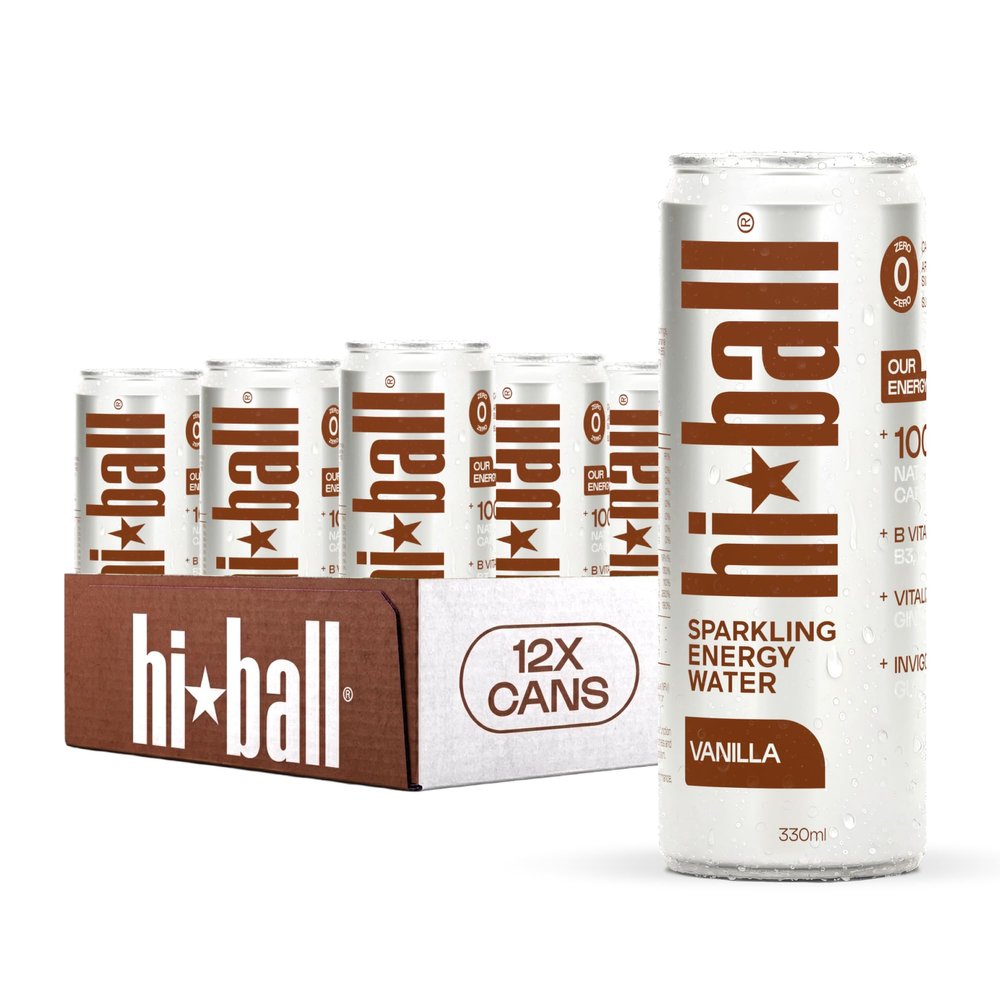 Hi*Ball Clean Energy Drink with a Hint of Vanilla - Sugar Free, Zero Calorie Sparkling Water with Organic Caffeine, Ginseng & Guarana - Vitamin Seltzer - 12 x 330ml