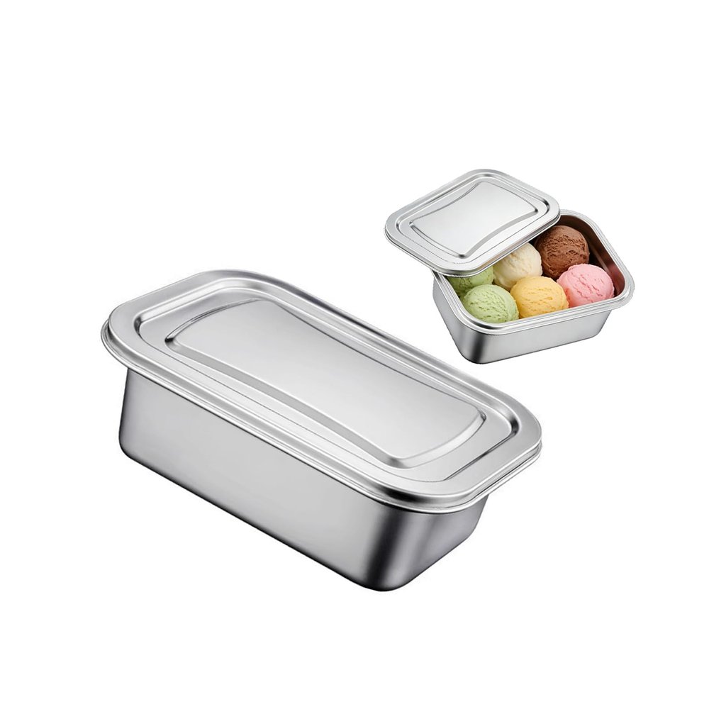 FROMCEO Premium Rectangular Metal Ice Cream Tub with Secure Locking Lid Dishwasher Safe Dessert Container for Yogurts Thin Profile Refrigerator Box