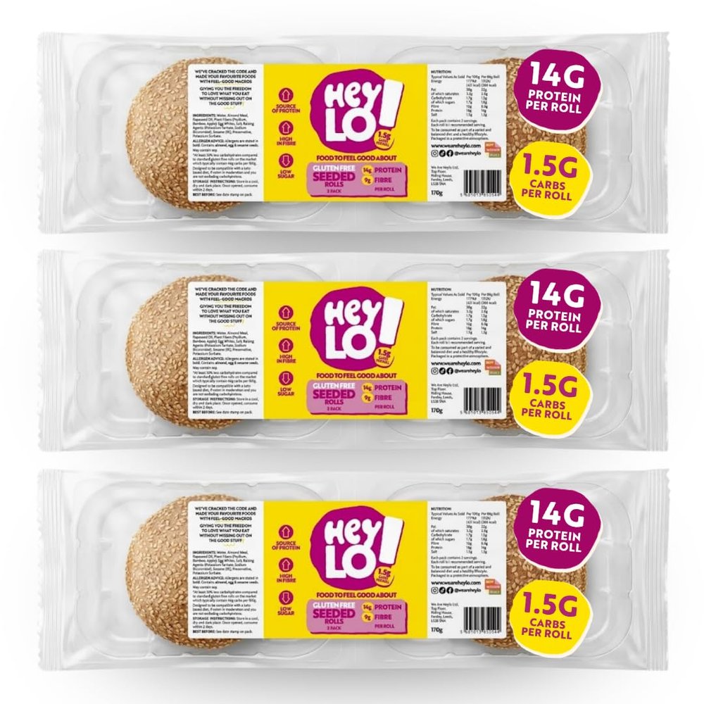 HeyLO! Gluten Free Seeded Rolls, 3 Packs (6 Rolls x 85g), 14g Protein and 1.5g Carbs per Roll, Low Carb High Fibre Keto Bread Rolls, Sesame Seeded, Freezable, Coeliac Friendly