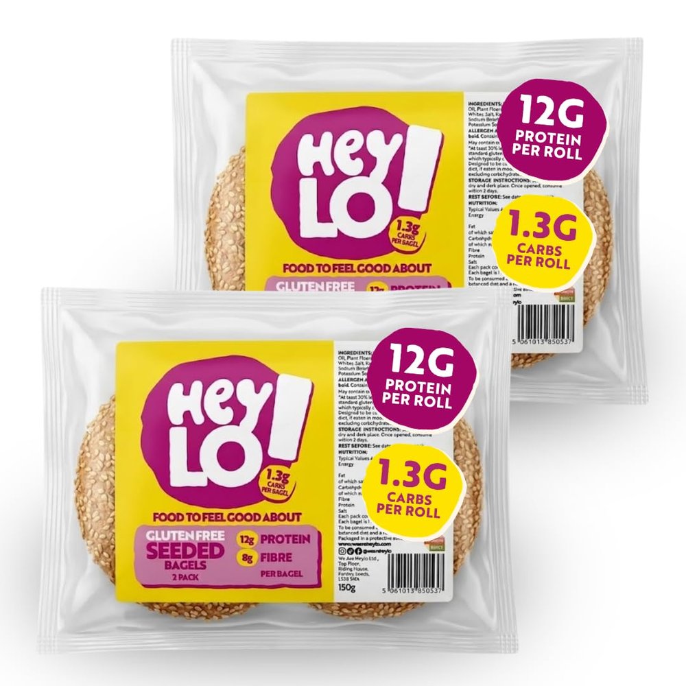 HeyLO! Gluten Free Seeded Keto Bagels, 2 Packs (4 Bagels x 75g), 12g Protein and 1.3g Carbs per Bagel, Low Carb High Fibre Keto, Sesame Seeded, Freezable, Coeliac Friendly