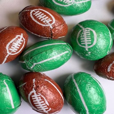 Foil Wrapped Chocolate Flavoured Rugby Balls, Brown and Green, Pack of 50