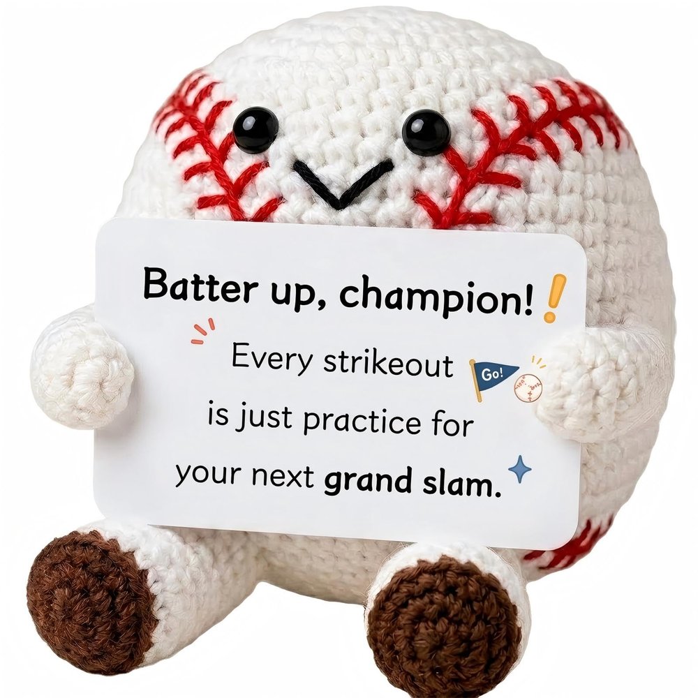 Crochet Baseball Motivational Keepsake with Champion Card Handmade Sports Figurine, Desk Decor Collectible, Encouragement Gift for Athletes, Coach, Teammate, Him Her Baseball Fan Gift