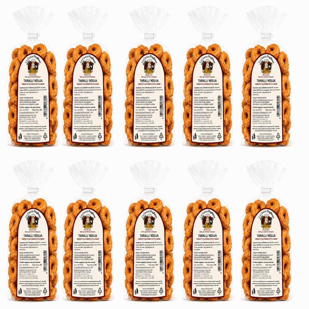 La Cuoca Pugliese Nduja Taralli, traditional handmade Apulian taralli, pack of 10 x 300 g, Apulian speciality