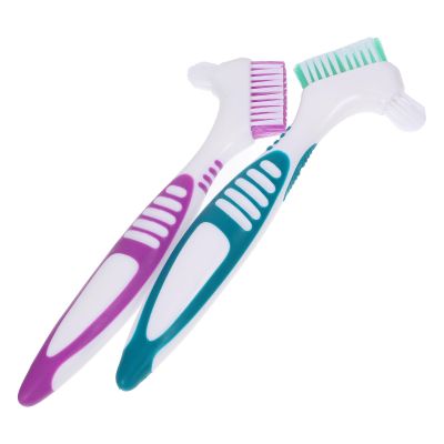 POPETPOP Denture Brush Comfortable to Hold Handle 2pcs Double-Sided Brush Design for Thorough Cleaning, Non-deformable Pp and Nylon Material for Cleaning Denture and Travel Use