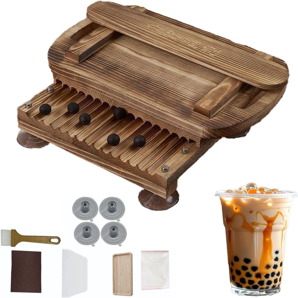 Manual Tapioca Pearl Maker, Wooden 15mm/19mm/22mm Ball Machine with Double Handle and Pulley for Bubble Tea Shops, Includes Solid Wood Pallets