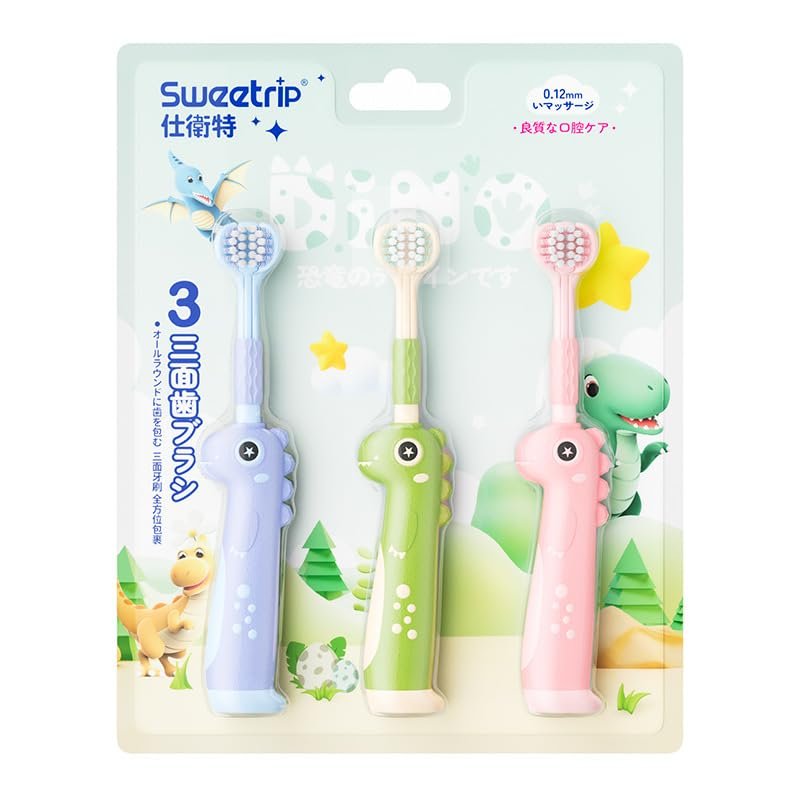 Vonmerie 3pcs Three-Sided Toothbrush Children, Three-Sided Cleaning for 3-fold Efficiency, Extra Soft Brushes (0.12mm), Ergonomic Handle, Toothbrush for Children (Dinosaur)
