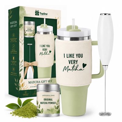 GO GREEN Matcha Gift Set 20g Original Matcha Powder in Metal Tin, 30oz Stainless Steel Tumbler with Fluffy Cover & Plastic Straw, Frother. Complete Matcha Tea Starter Kit for Womens Birthday gifts