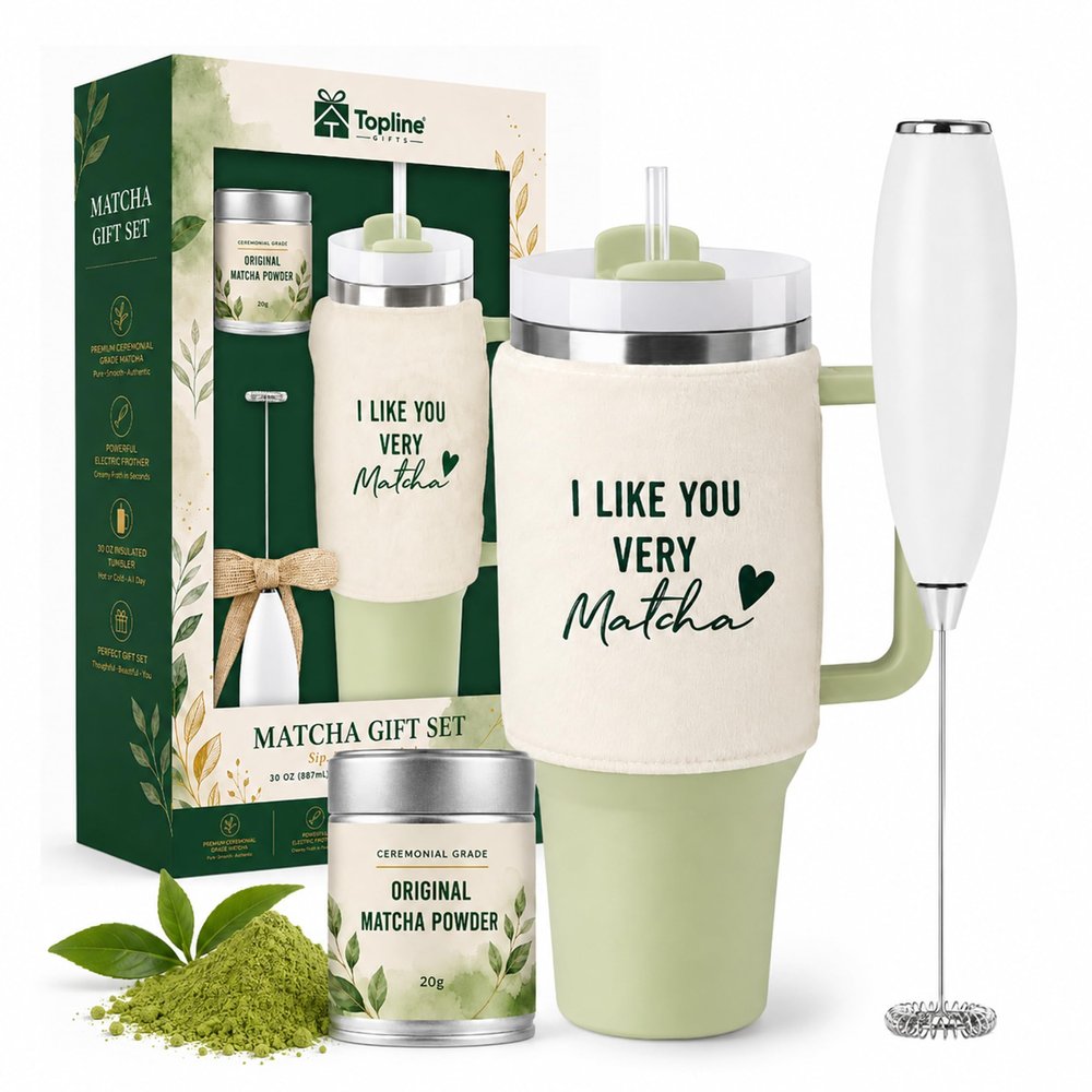 GO GREEN Matcha Gift Set 20g Original Matcha Powder in Metal Tin, 30oz Stainless Steel Tumbler with Fluffy Cover & Plastic Straw, Frother. Complete Matcha Tea Starter Kit for Womens Birthday gifts