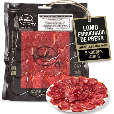 SABE A SABAS Iberian Bellota Embuchado Loin 100% 5 Envelopes of 80 g 400 g Sliced in Sachets Iberica Cana de Lomo Cured Fine Cut Ready to Eat Appetizer Table Gift Gourmet Tapas Gluten Free
