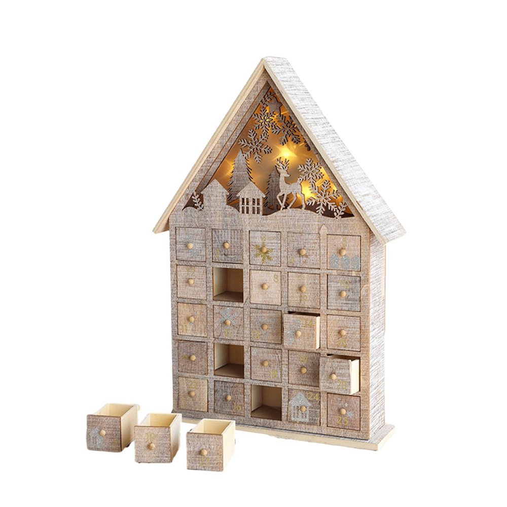Jazuaiao Festival Wood Carved Advents Calendar Lighted Wood Advents Calendar with 24 Drawers and Christmas Tree Reindeer Decors Christmas Countdowns