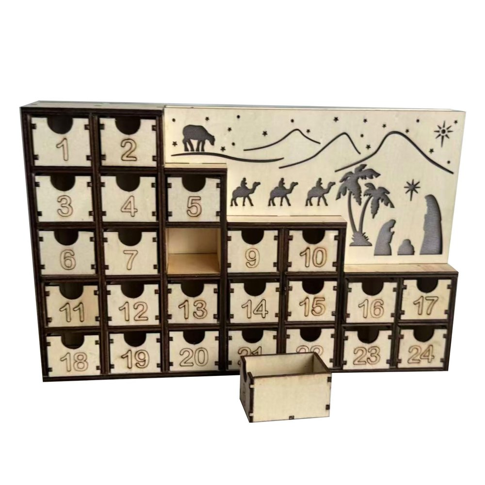 Jazuaiao LED Nativity Advent Calendar Cabinet with Permanent Wooden Christmas Countdown Display & Festive Decor Christmas LED Advent Calendar Nativity Scene
