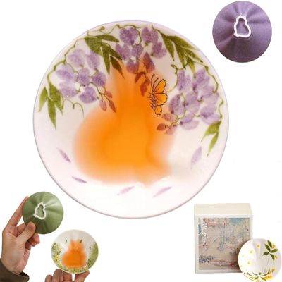 Tyscryphal Hand-Painted Ceramic Tea Cup with Hidden Cat Design, and A Beautiful Gift Box, Handmade Gongfu Tasting Cup, Underglaze Shallow Bowl for Loose Leaf Tea Ceremony, Flower Styles (D.)