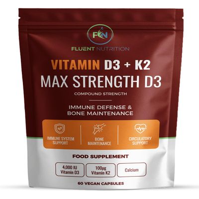 Fluent Nutrition Vitamin D3 and K2 Capsules, 60 Capsules, Bone and Heart Support, MCT Oil Activated, 4000 IU