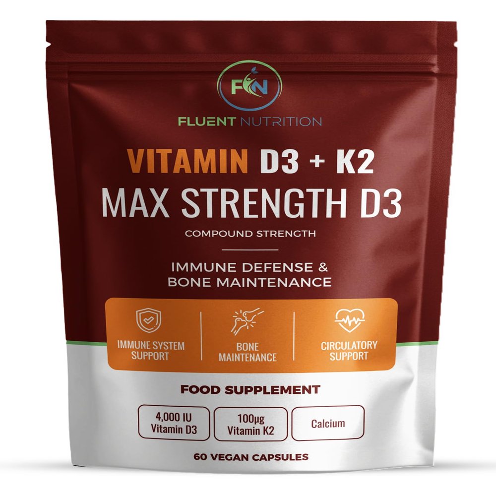 Fluent Nutrition Vitamin D3 and K2 Capsules, 60 Capsules, Bone and Heart Support, MCT Oil Activated, 4000 IU