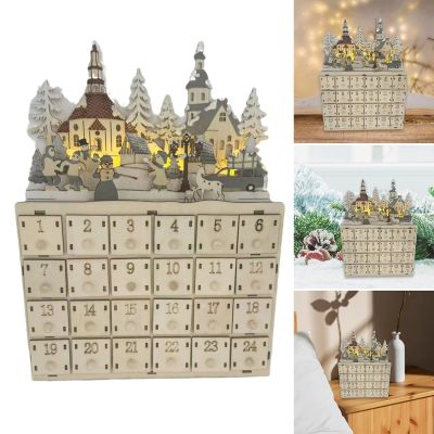 Tsophreniq Up Wood Advent Calendar with 24 Storage Compartments Christmas LED Lighted Countdown Decoration Party Supplies LED Light Decoration