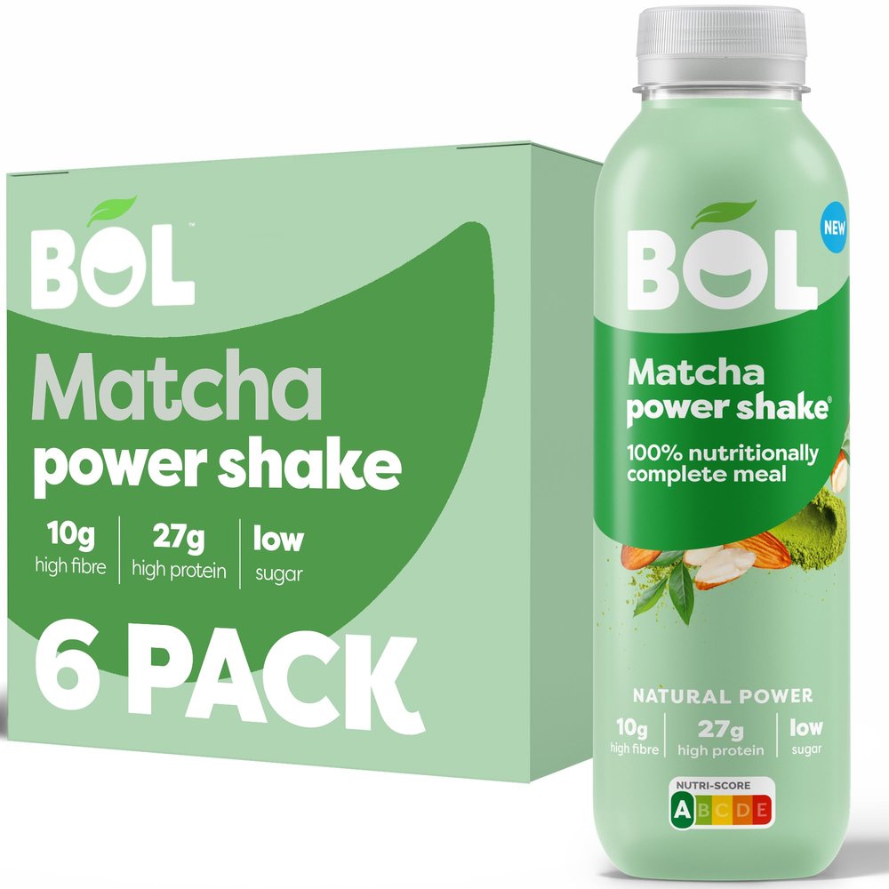 BOL Matcha Power Shake - Ready-to-Drink Nutritionally Complete Meal, 27g Plant Protein, 10g Fibre, 26 Vitamins & Minerals, Low Sugar Vegan Meal Replacement Shake (410ml x 6 Bottles)