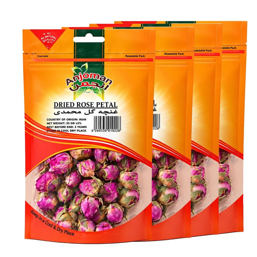 Anjoman Edible Dried Rose Buds (4x25g, 100g) Culinary Grade Whole Persian Rose Flowers for Herbal Tea, Baking, DIY Rose Water & Floral Baths