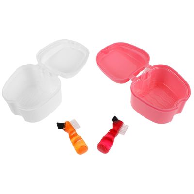 BCOATH 2 Sets Portable Denture Cleaning Cup with Strainer and Brush, Dual-Chamber Plastic Soaking Container for False Teeth and Oral Instruments, Travel Retainer Storage Box