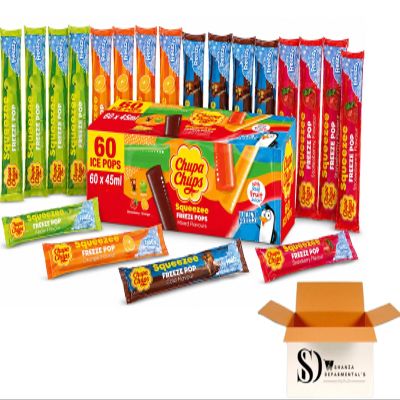 Assorted Fruit Flavours Chupa Chups Squeezee Freeze Ice Pops 12 x 45ml (Pack of 5 60 Total Pops) With Real Fruit Juice | No Added Sugar | Cola, Apple, Strawberry & Orange Freezable Lollies