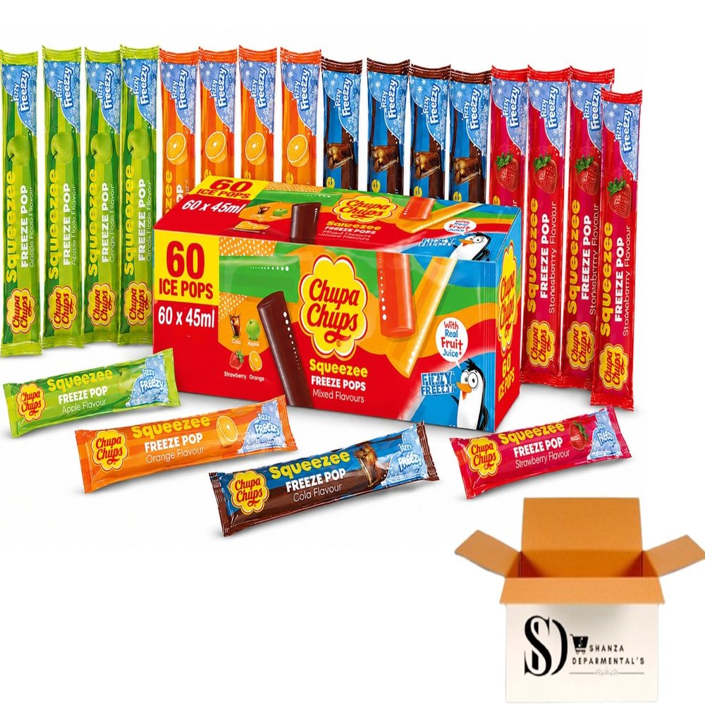 Assorted Fruit Flavours Chupa Chups Squeezee Freeze Ice Pops 12 x 45ml (Pack of 5 60 Total Pops) With Real Fruit Juice | No Added Sugar | Cola, Apple, Strawberry & Orange Freezable Lollies