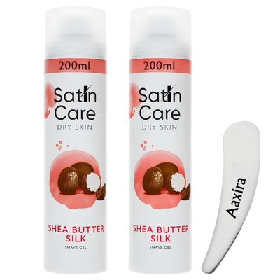 Satin Care Shave Gel Dry Skin Shea Butter Silk 200ML (Pack of 2)- Womens Shaving Gel For Smooth Glide, Hydrating Razor Shave Gel, Soft & Gentle on Skin, with Aaxira Cosmetic Spetula