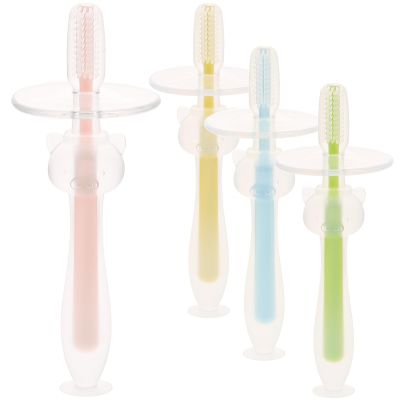 KALLORY 4pcs Toothbrush with Suction Base Soft Silicone Toothbrushes for Oral Massage and Care Lightweight Training Brushes for Pink Yellow Green Blue