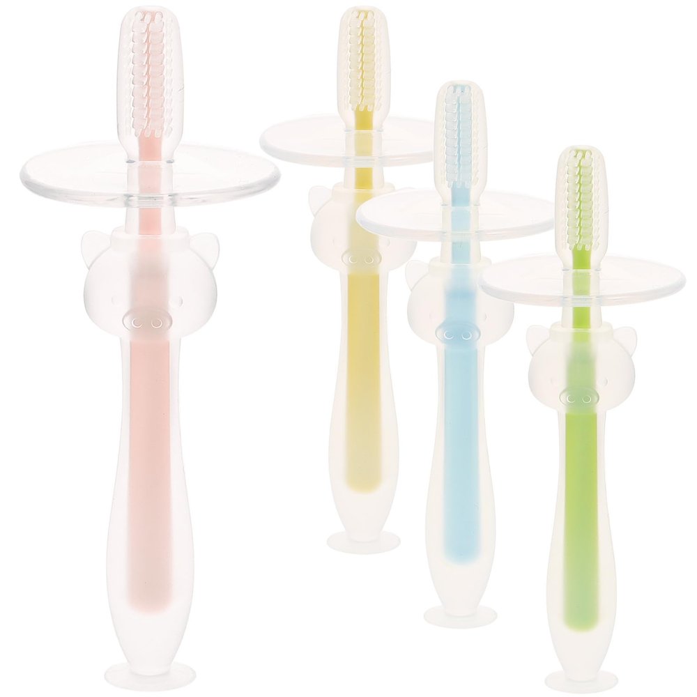 KALLORY 4pcs Toothbrush with Suction Base Soft Silicone Toothbrushes for Oral Massage and Care Lightweight Training Brushes for Pink Yellow Green Blue