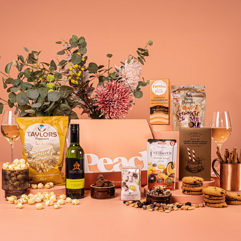 The Sweet Treat Gift Hamper Luxury Magnetic Box with Furniss Gingerbread, Monty Bojangles Truffles & Choice of Drink Gourmet Gift Set (Award Winning White Wine)