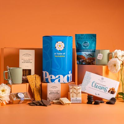 A Taste of Yorkshire Gift Hamper Hex Box with Guppy's Caramel Shards, Whitakers Chocolates & Cartwright & Butler English Breakfast Tea Regional Gourmet Gift Set