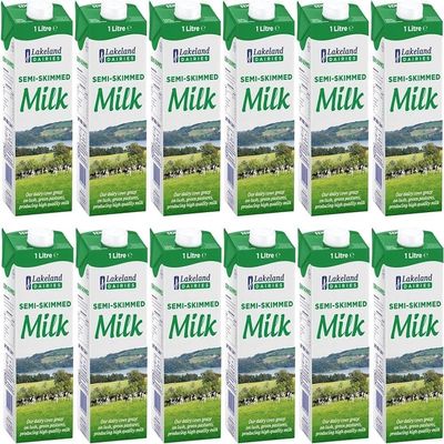 Lakeland Long Life Semi-Skimmed Milk 1L Pack of 12 Cartons, UHT Long-Life Milk for Everyday Use, 12 x 1L Family Bulk Pack