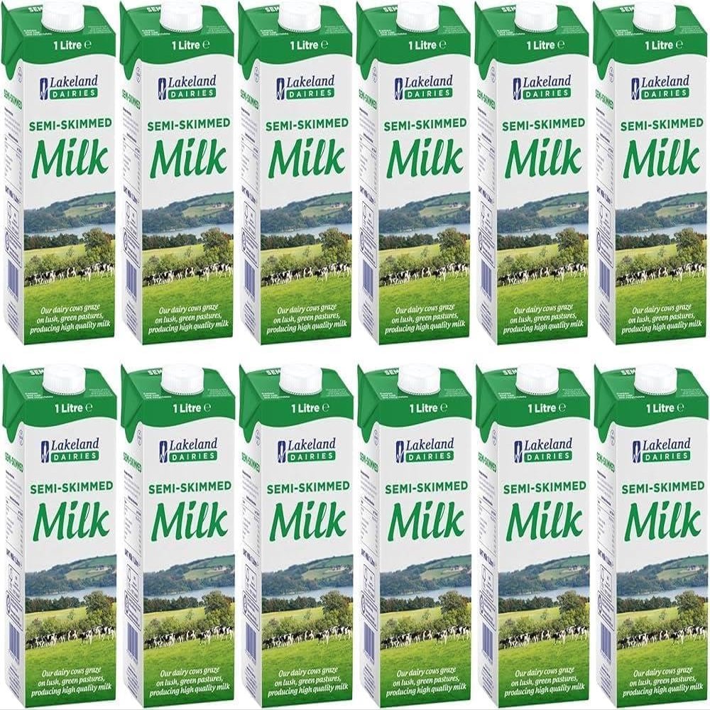Lakeland Long Life Semi-Skimmed Milk 1L Pack of 12 Cartons, UHT Long-Life Milk for Everyday Use, 12 x 1L Family Bulk Pack