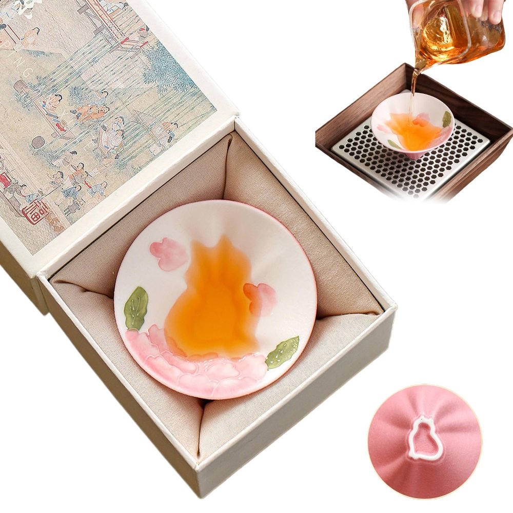 Hand-Painted Hidden Cat Tea Cup 50ml Gift Box Set, Floral Porcelain Teacup, Underglaze Shallow Bowl Shape for Green & Oolong Tea, Gift for Tea Lovers and Cat Lovers(Pink)