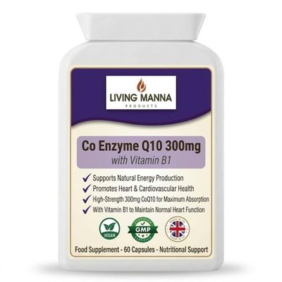 CoQ10 300mg High Strength with Vitamin B1 Living Manna Co Enzyme Q10 Supports Energy Production & Heart Health Vegan, GMP Certified Maximum Absorption 60 Capsules Food Supplement
