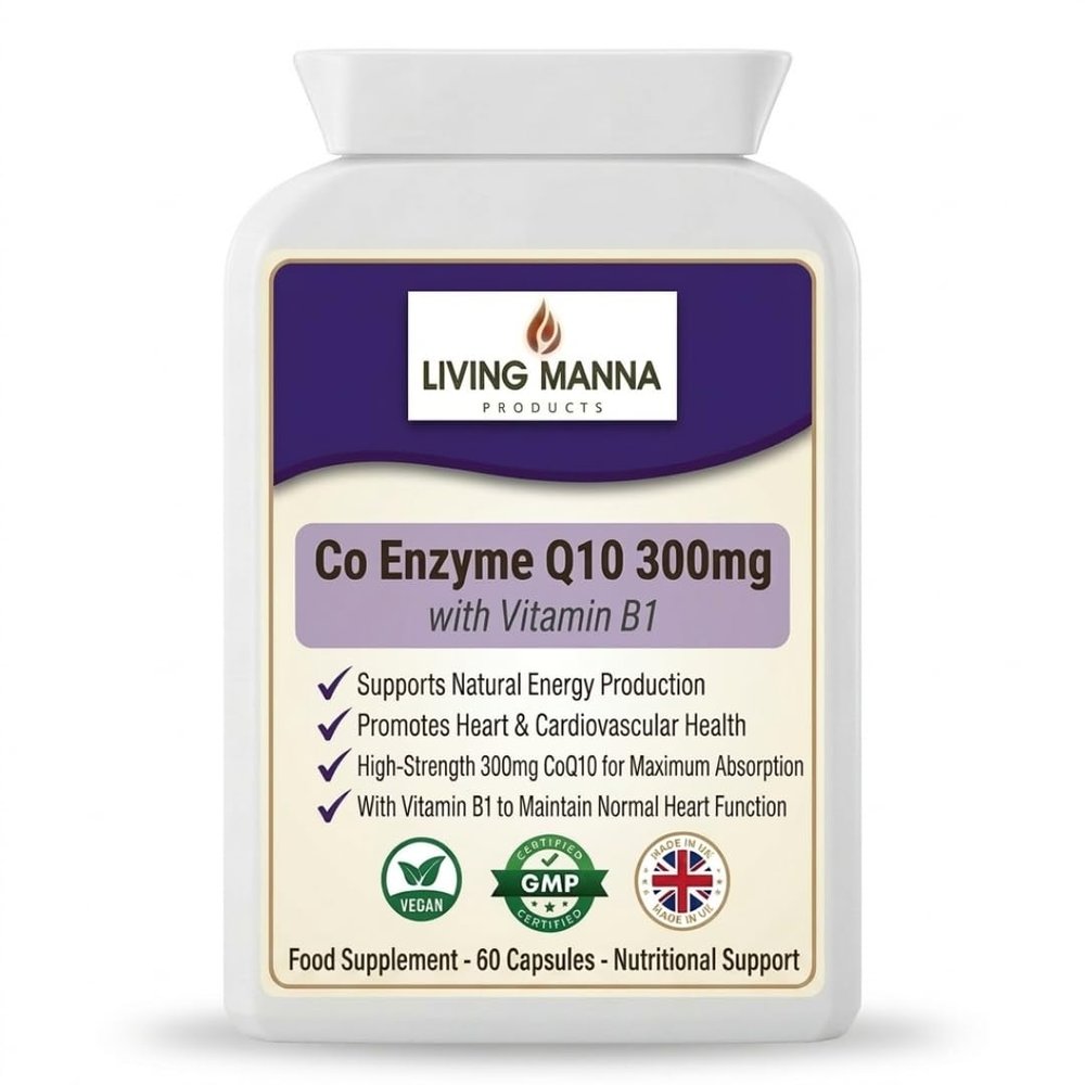 CoQ10 300mg High Strength with Vitamin B1 Living Manna Co Enzyme Q10 Supports Energy Production & Heart Health Vegan, GMP Certified Maximum Absorption 60 Capsules Food Supplement