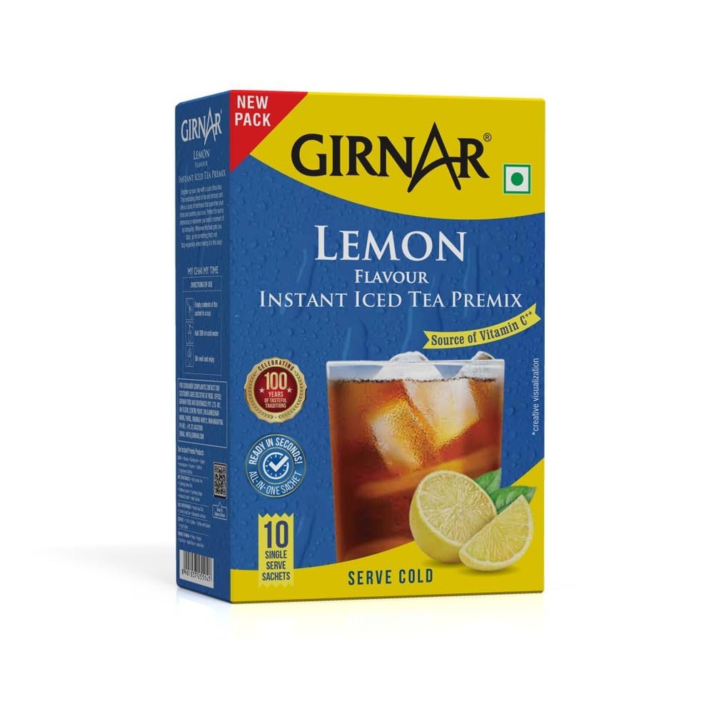 Girnar Lemon Flavour Instant Iced Tea Premix 180g (Pack of 1) Instant Lemon Flavoured Iced Cold Tea Mix | Easy to Prepare Refreshing Beverage | Makes Multiple Servings