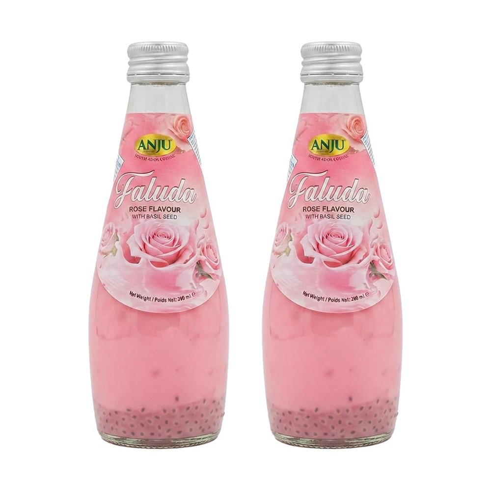 Anju Faluda Rose Flavour Drink with Basil Seeds 290ml Refreshing Rose Falooda Sweet Floral Taste with Sabja Seeds Ready to Drink Pack of 2