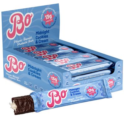 Bo Protein Bars Soft-Baked Vegan Snack Bars with Added Minerals, 15g Protein, Low Sugar & High Fibre Plant-Based, Gluten-Free & Non-GMO Cookies & Cream, 12 x 55g