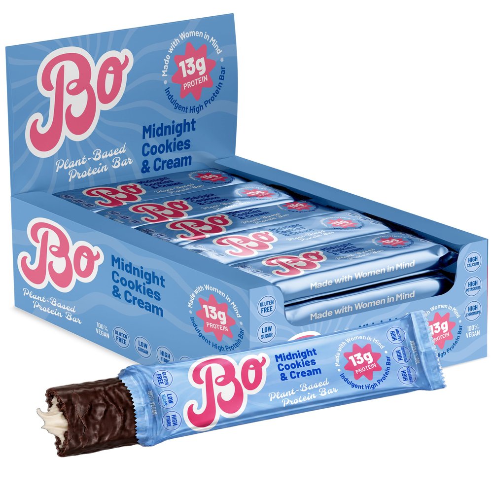Bo Protein Bars Soft-Baked Vegan Snack Bars with Added Minerals, 15g Protein, Low Sugar & High Fibre Plant-Based, Gluten-Free & Non-GMO Cookies & Cream, 12 x 55g