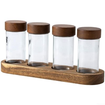 QOXEZY Glass Body Coffee Bean Jar with Natural Acacia Wood Lid, One Way Degas Valve, Airtight Seal for Coffee Bean Storage, Wide Mouth Design for Easy Scooping and Cleaning(C)