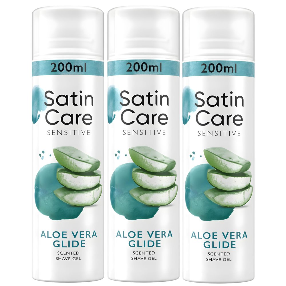 3x Satin Care Sensitive Aloe Vera Shaving Gel for Women 200ml Moisturising Formula for Sensitive Skin Smooth Razor Glide Helps Protect Against Irritation Suitable for Legs and Body