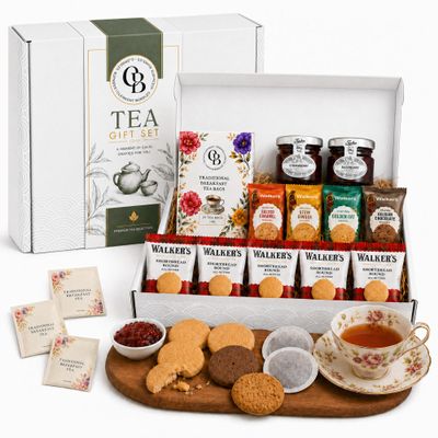 Afternoon Tea Hamper Gift Set 31 Piece Tea & Biscuits Gift Box with Breakfast Tea, All-Butter Shortbread, Flavoured Biscuits & Fruit Jams Thank You & Birthday Gift for Her, Mum & Tea Lovers