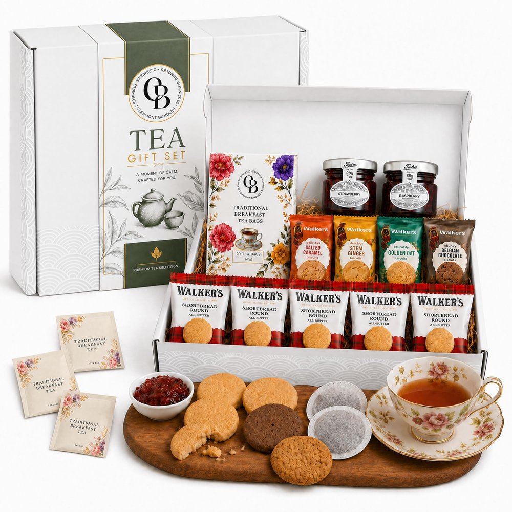 Afternoon Tea Hamper Gift Set 31 Piece Tea & Biscuits Gift Box with Breakfast Tea, All-Butter Shortbread, Flavoured Biscuits & Fruit Jams Thank You & Birthday Gift for Her, Mum & Tea Lovers